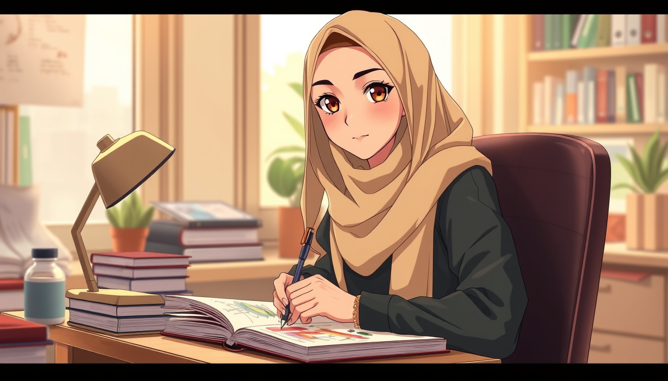 Anime idea: anime style, vibrant colors, expressive eyes, Beautiful 21-year-old Arab woman in elegant anime movie style, fair skin, warm brown eyes, beautiful sof