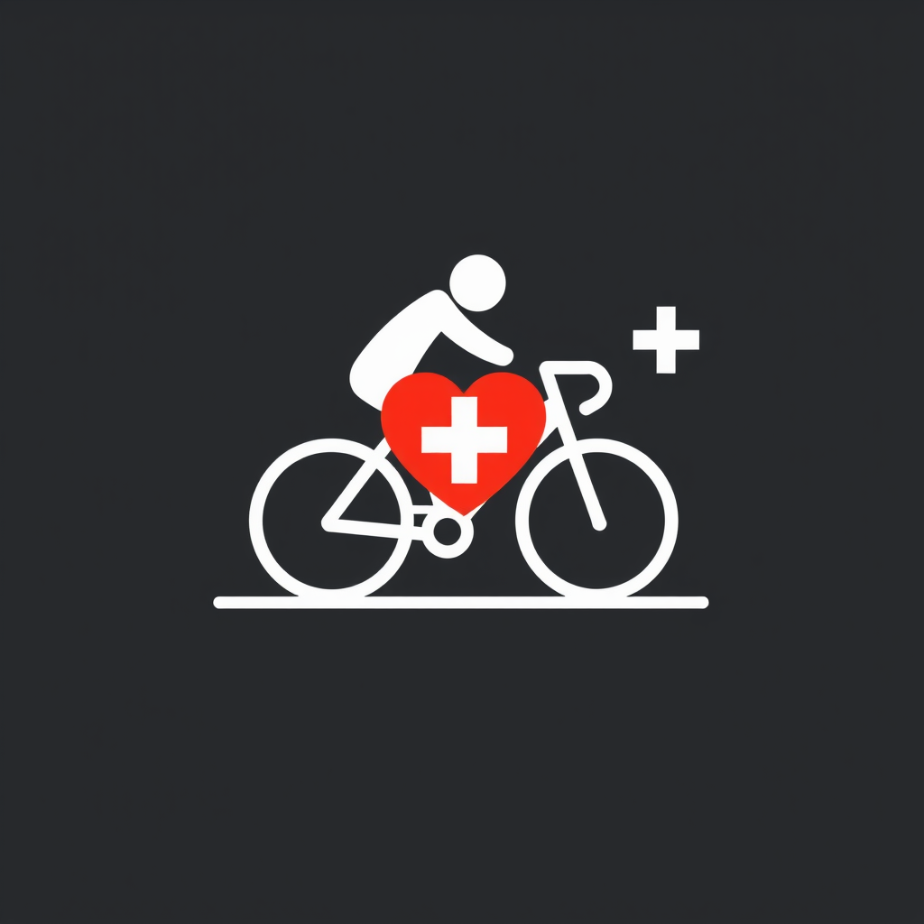 Main art studio: für ein logo ein ikonisches simples weisses fahrradsymbol mit rotem herz rechts hinter dem fahrrad. im herz ein weisses kreuz. alles einfach und symbo