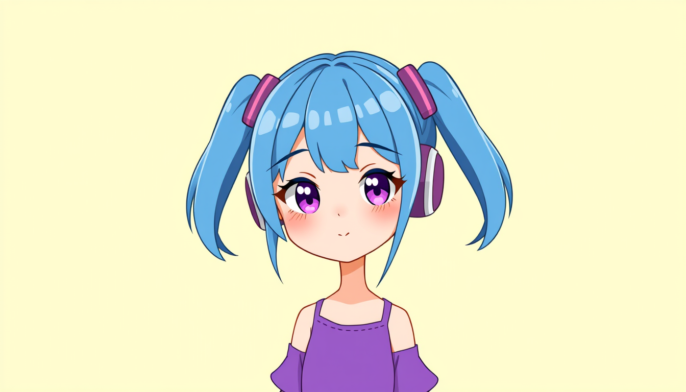 VTuber idea: vtuber avatar character, anime style, expressive face, streaming-ready design, a cute anime girl with blue hair and cute purple clothes with no head-p