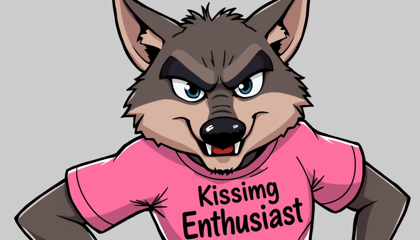 Main art studio: A male cartoon wolf, kind of threatening looking, in a pink t-shirt that says 'Kissing Enthusiast' on it.