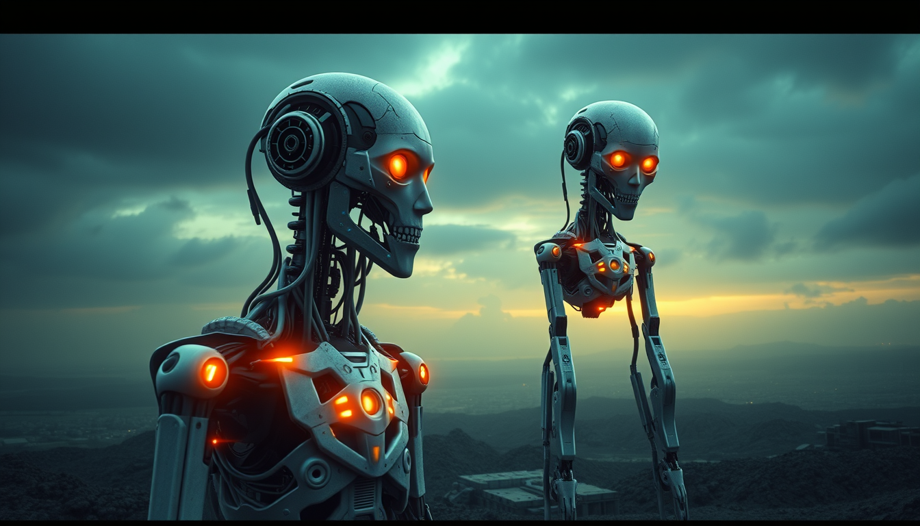 Main art studio: Skynet is here and they are building the robots now With text and images of the skynet and robots