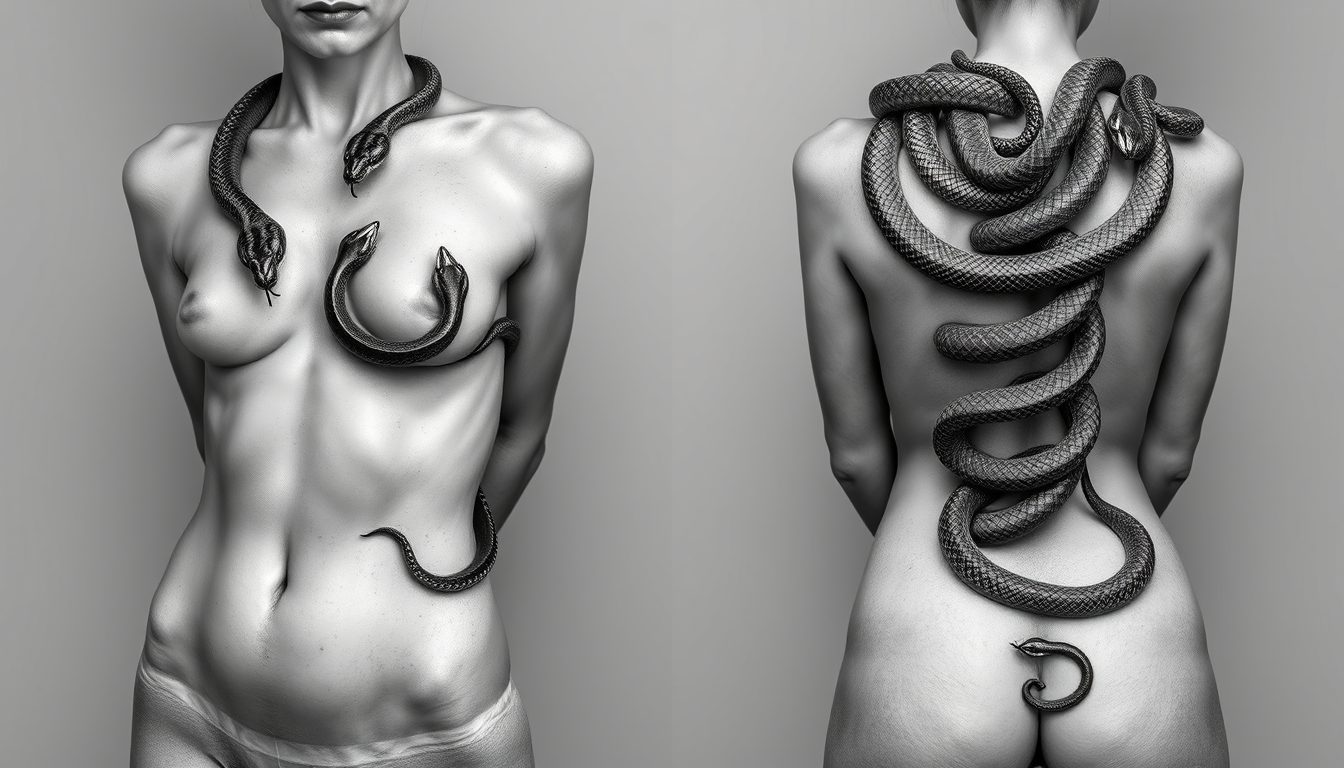 Main art studio: Hyper-realistic black-and-gray TATTOO on a female figure, front and back views. Five realistic 1-inch-thick snakes coil naturally across the entire bo