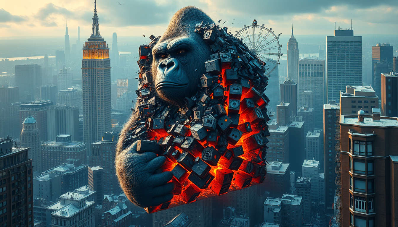 Main art studio: A gorilla that is in the shape of a cube i new york city smashing all the houses