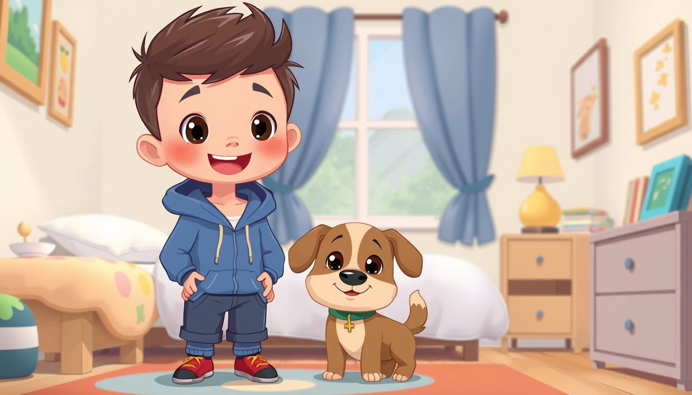 Main art studio: A cute cartoon boy in a blue hoodie standing with a small brown dog in a bedroom, 2D cartoon, colorful, vertical 9:16