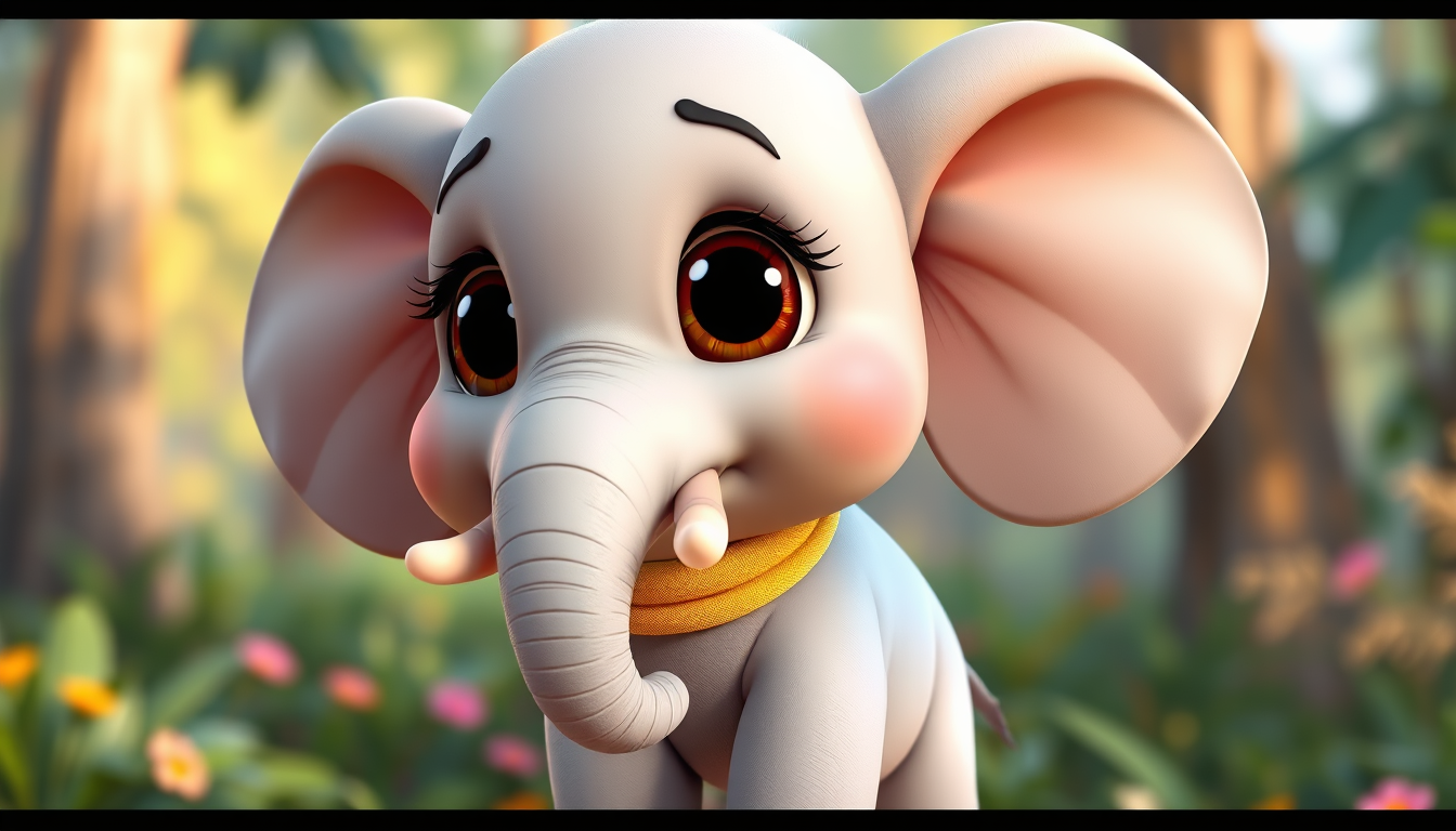 Main art studio: Cute baby elephant, soft light-gray skin, huge brown eyes, large floppy ears, tiny tusks, short trunk, chubby body, wearing a small yellow scarf. Ador