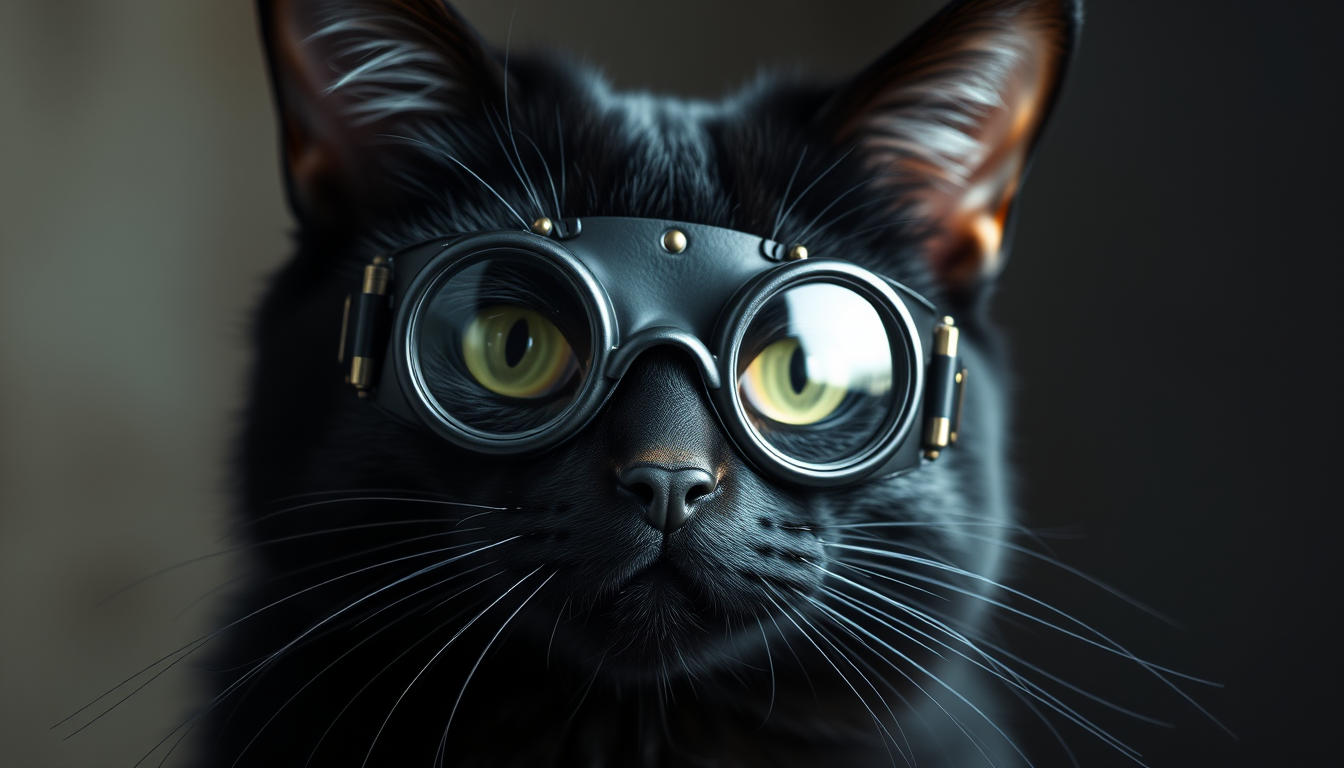 AI Art prompt example created from the prompt: A black cat with a very serious look. Wearing a steampunk mask and have some time of radioactive symbol