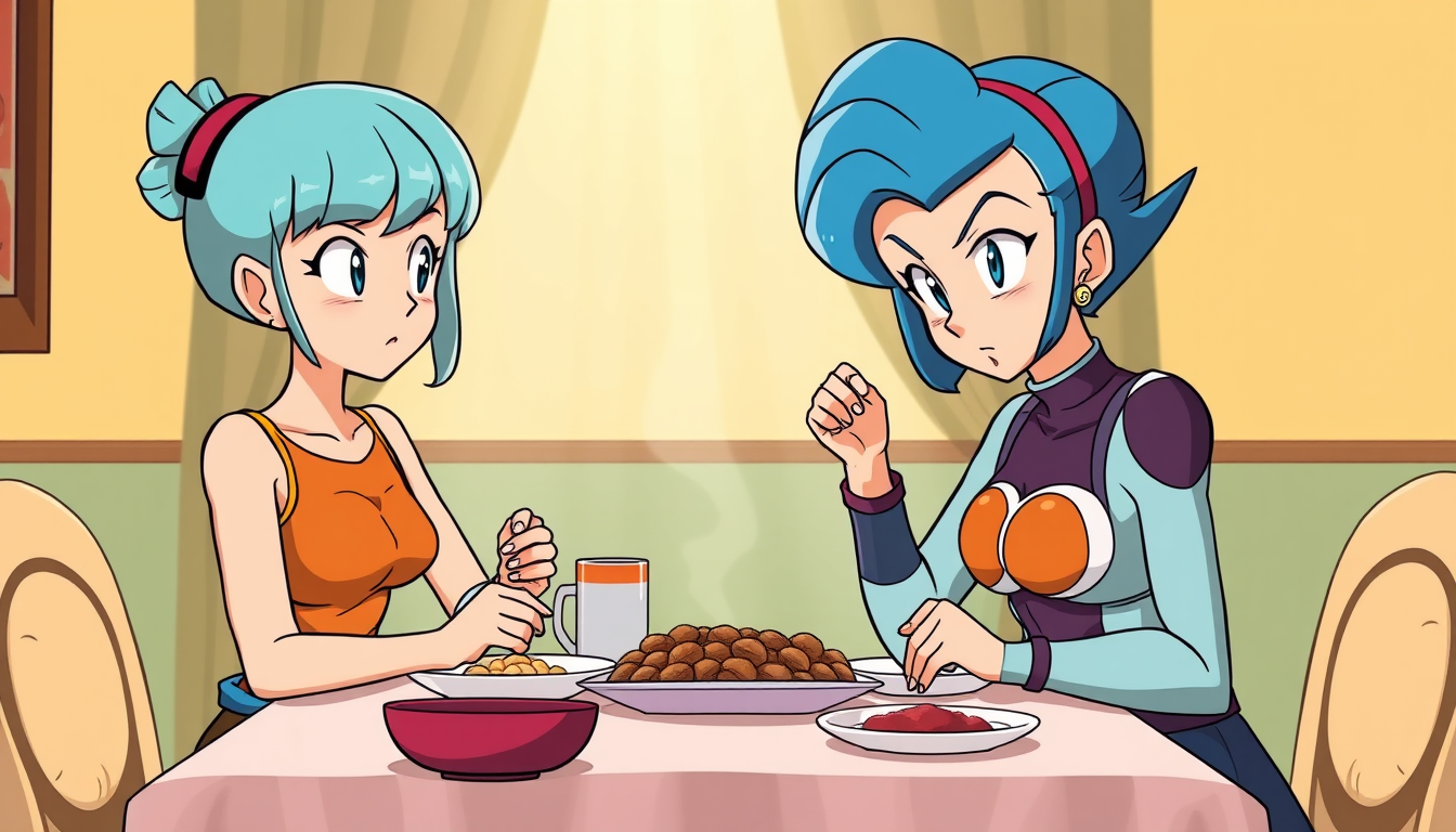Main art studio: Bulma, androide18 (personagens do dragon ball z) num almoço de família com os pés em cima da mesa com chulé e a Bulma com toering nos dedos indicadore