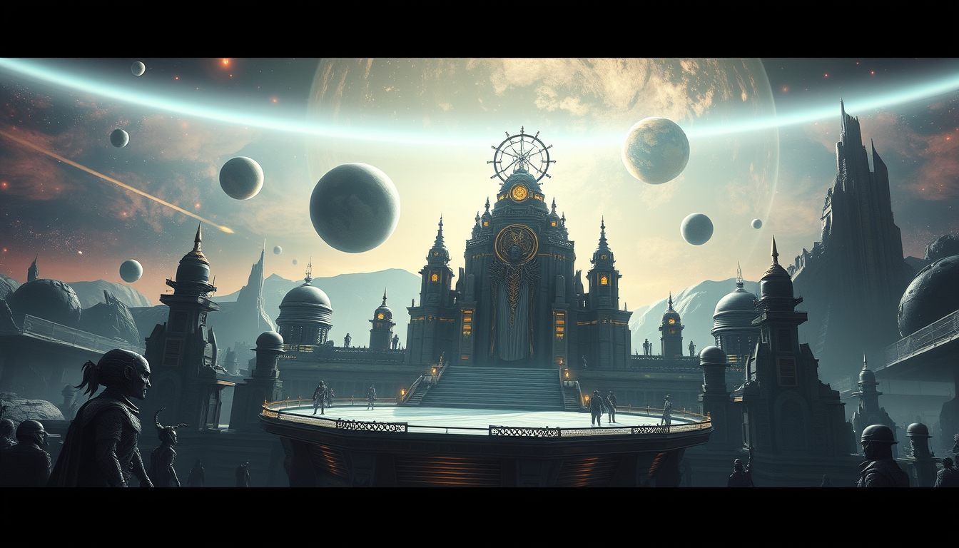 Main art studio: World Creator ruling the universe from a futuristic cosmic palace, controlling planets and alien species, epic sci-fi fantasy, cinematic, ultra realis