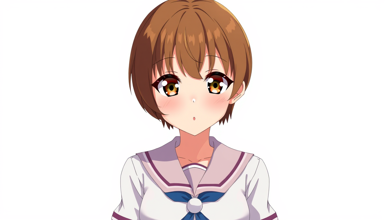 Anime idea created from the prompt: anime style, vibrant colors, expressive eyes, 1 girl, school uniform, short hair, brown hair, brown eyes, soft expression, front view, stand