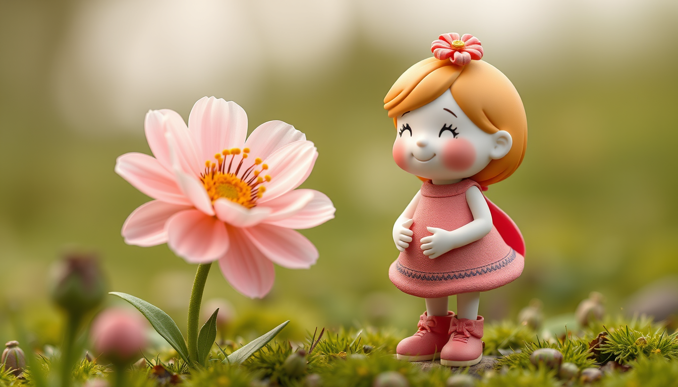 Main art studio: 3d - figurenmädchen das durch eine blumenwiese rennt