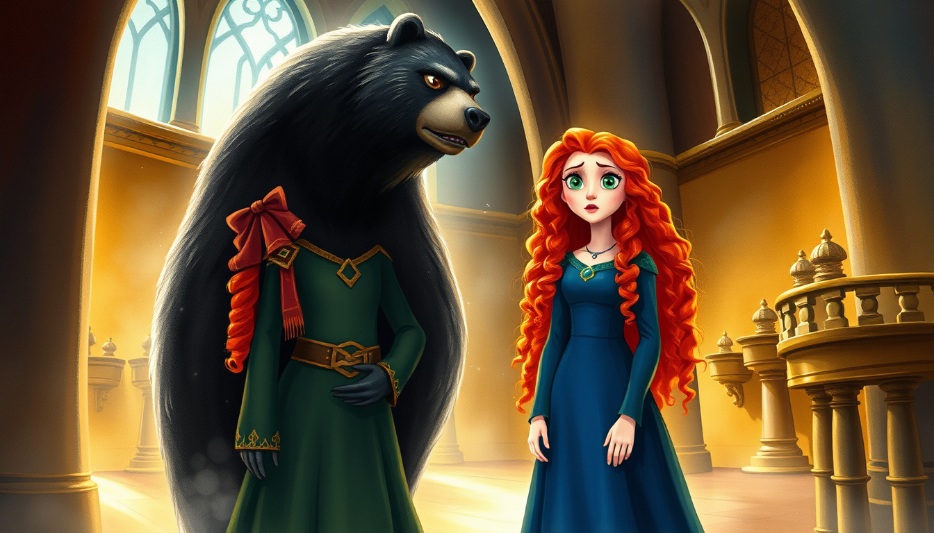 Main art studio: Inside DunBroch castle, Merida stands in shock beside Queen Elinor. Elinor is magically transforming into a large black bear. Merida has long curly re