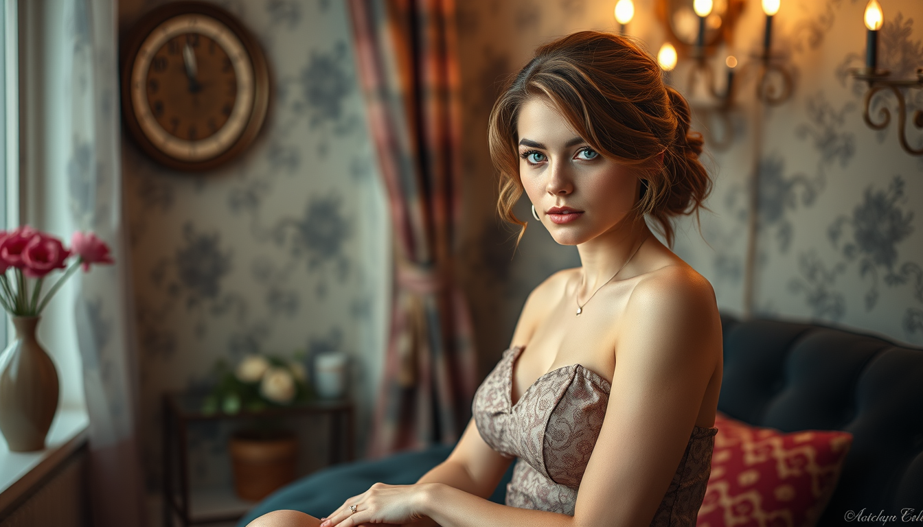 AI Art prompt example created from the prompt: Создай художественный портрет взрослой женщины 18+ с красивым лицом, длинными волосами и естественной фигурой. Она находится в мягко освещён