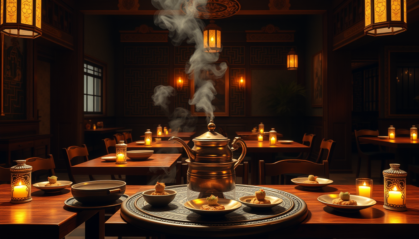 Main art studio: "Warm and cozy traditional Persian restaurant interior, wooden tables with ceramic dishes, glowing lanterns, steam rising from a tea pot, soft candlel
