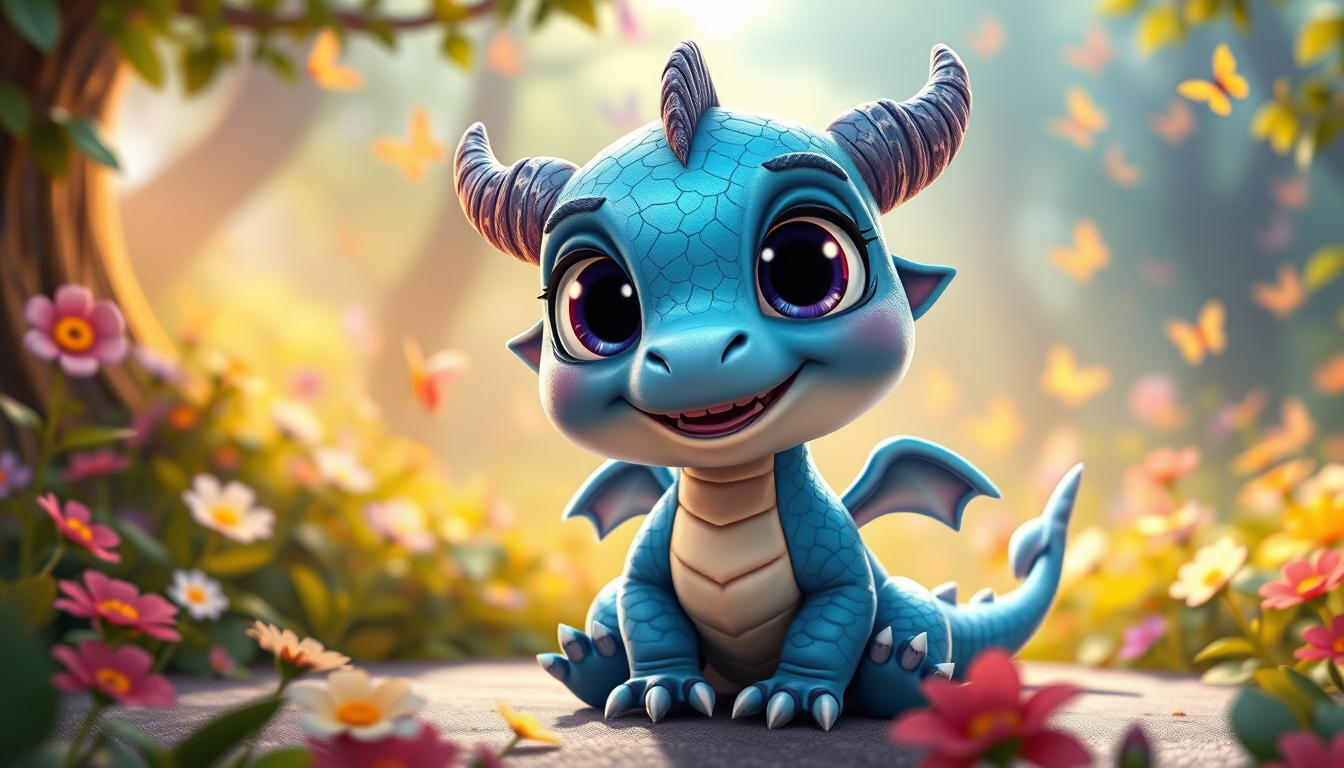 Main art studio: cute 3D cartoon baby dragon with bright blue scales, huge shiny eyes, tiny wings, and a happy smile, sitting in a colorful magical forest, glowing flo