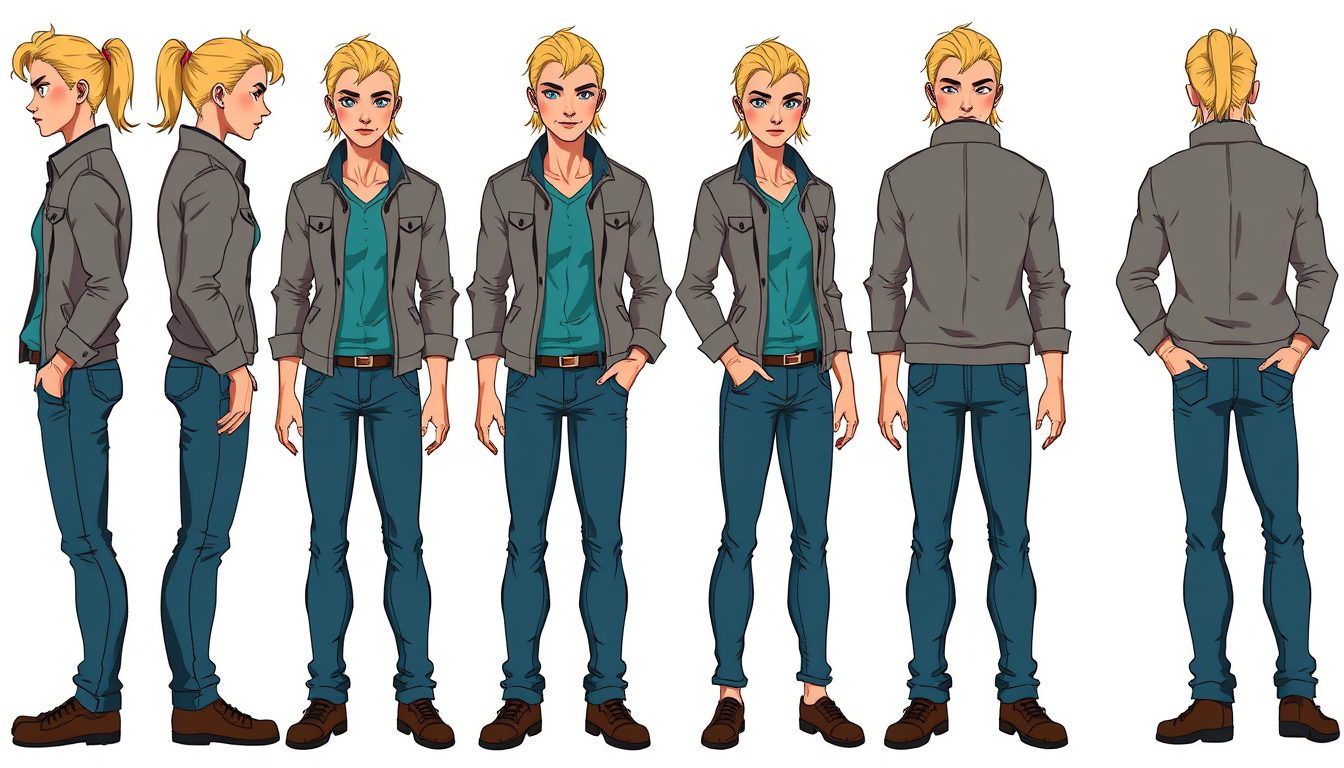 Main art studio: 2D hand-painted 90s adventure sprite sheet. Slim adult, blonde ponytail, grey jacket, teal shirt, blue jeans, brown shoes. Natural anatomy, dark outli