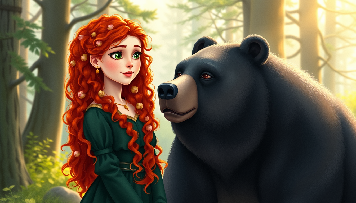 Main art studio: Merida, a teenage Scottish princess with long curly bright red hair, green eyes, fair skin, and a dark green medieval dress, stands beside Queen Elino
