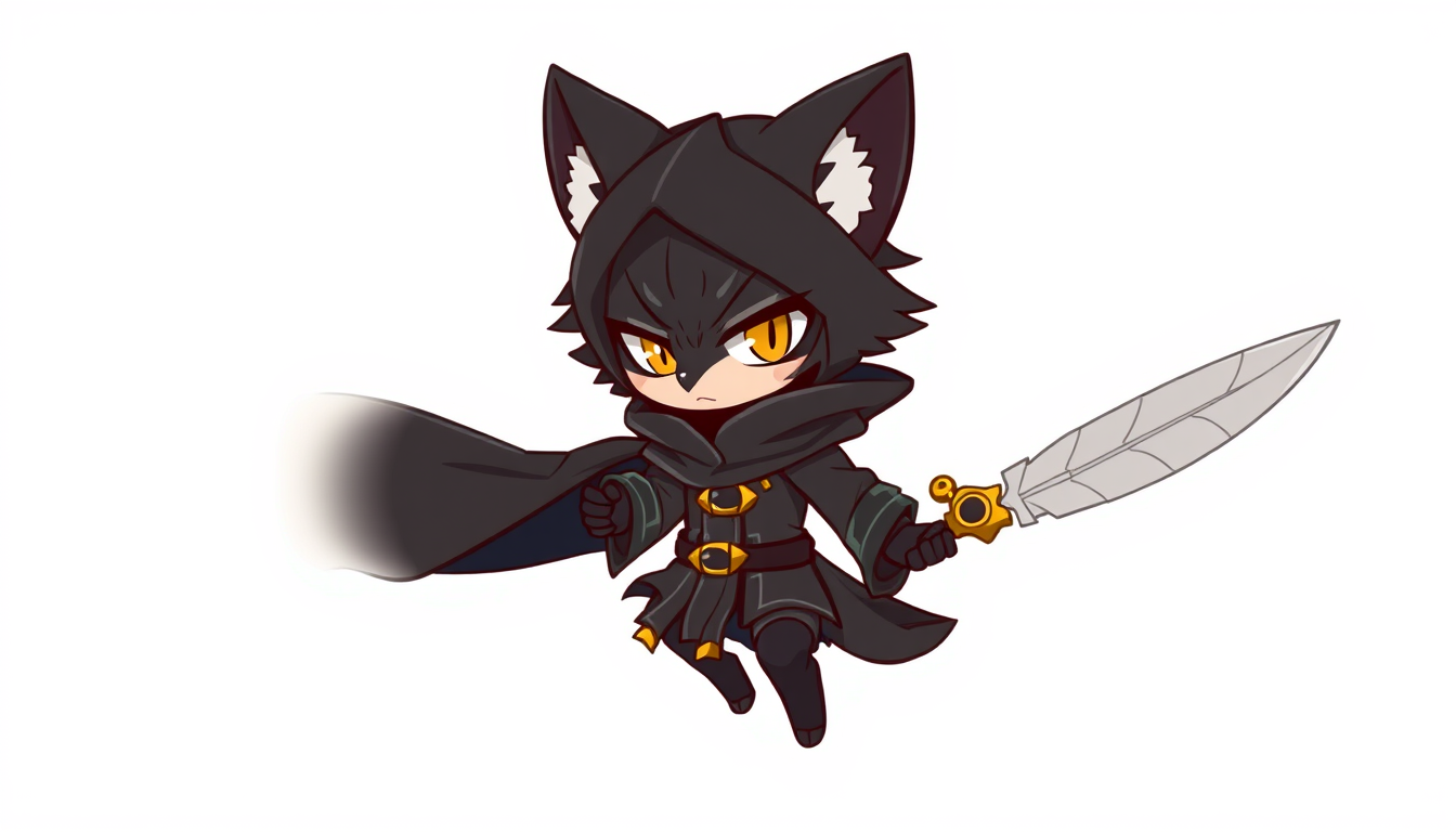 Fursona idea: fursona character, anthropomorphic animal design, expressive personality, reference sheet style, Chibi dark fantasy black jackal guardian in a defensi