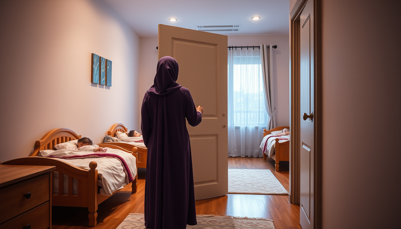 Main art studio: Photorealistic cinematic night scene, not cartoon. A hijabi mother stands outside the children's bedroom in the hallway, seen completely from behind,