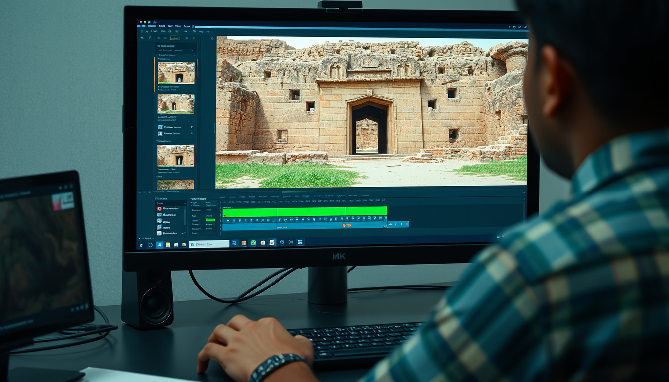 Main art studio: An adult video creator editing a historical mystery video about Bhangarh Fort on a computer, the monitor showing ancient sandstone ruins and the fort 