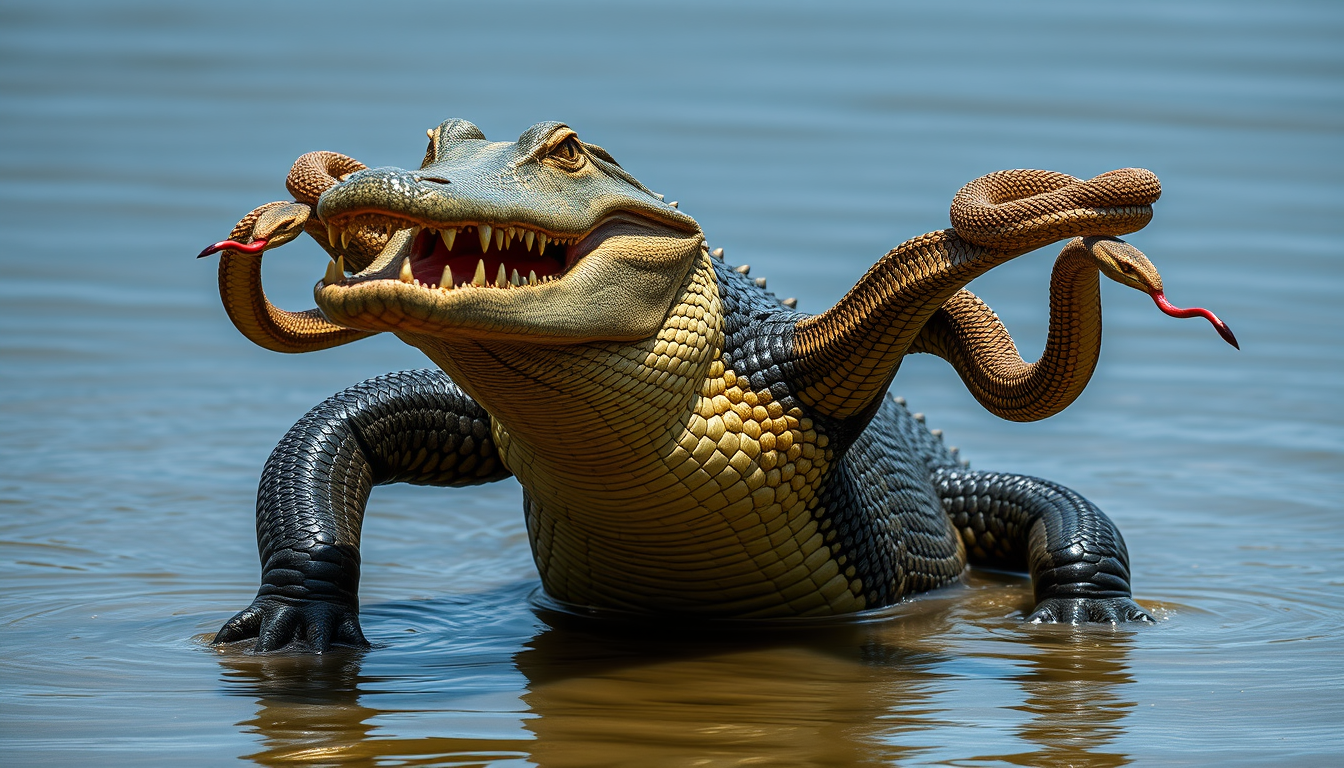 Main art studio: make a crocodile/alligator with snakes as arms this has to be realistic and please make it neat the picture takes place in the amazon and make it work