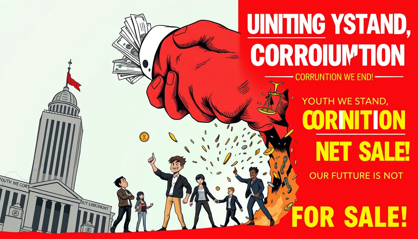 Main art studio: Create a powerful hand-drawn digital cartoon poster on the theme “UNITING YOUTH AGAINST CORRUPTION.” Show a giant corrupt hand emerging from the top o