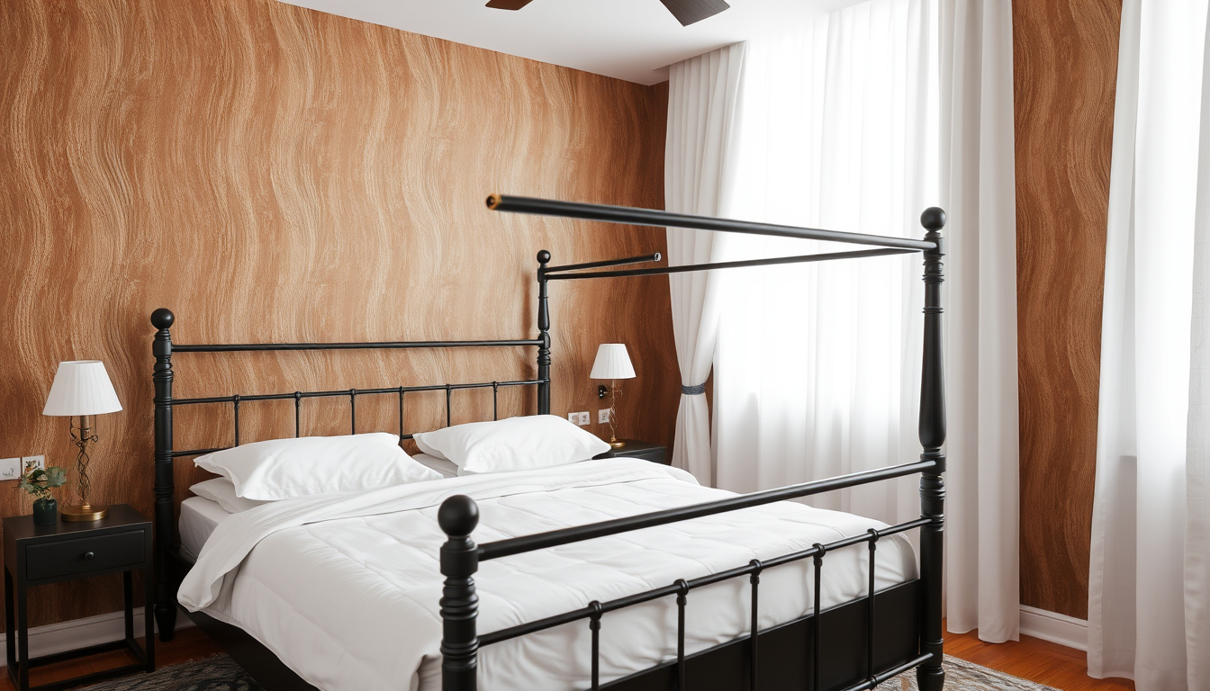 Main art studio: A room with brown and white strriped wall paper and black bed frames with white curtains