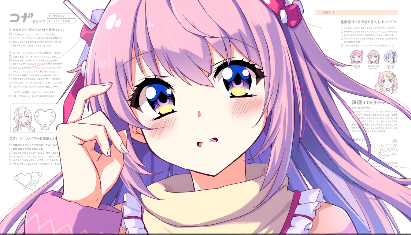 Anime idea: anime style, vibrant colors, expressive eyes, character reference sheet , detailed anime illustration