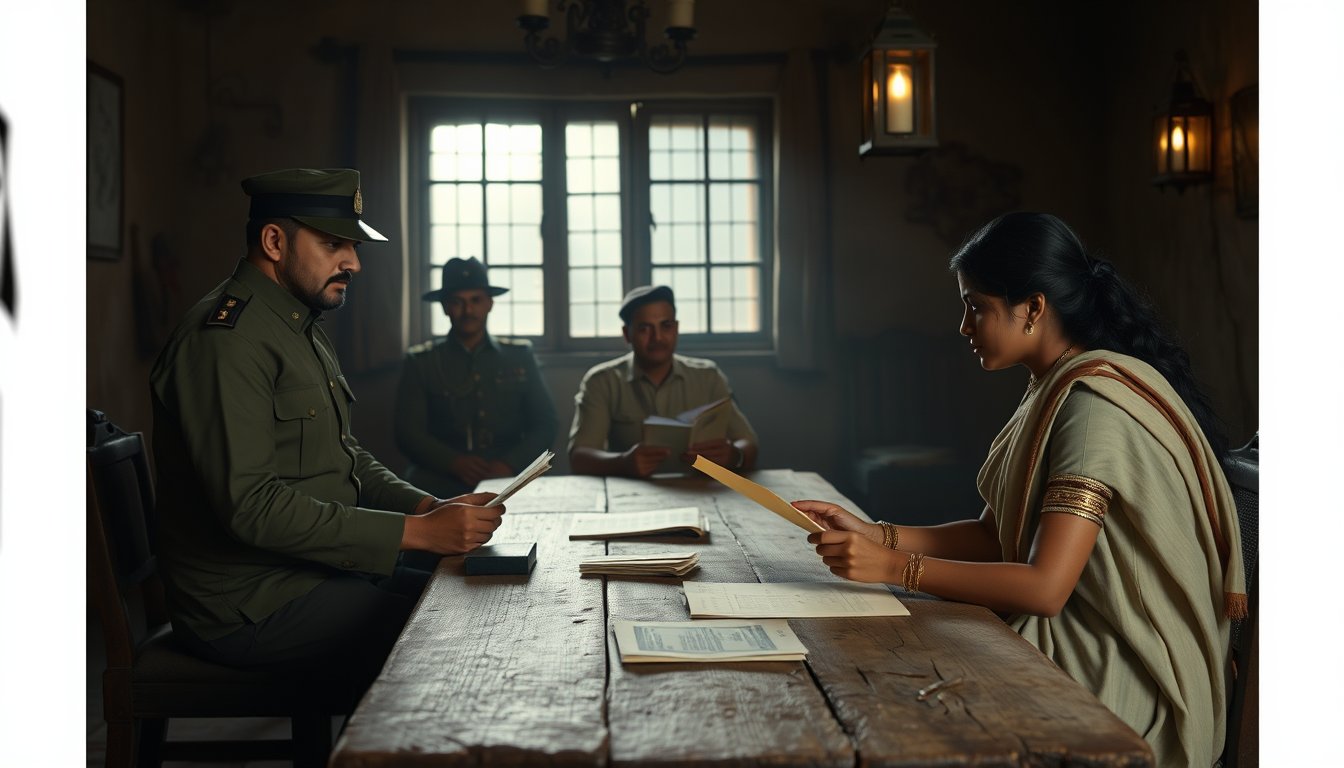 Main art studio: Ultra photorealistic cinematic 4K historical reconstruction, Neera Arya sitting before British Indian officers inside a colonial interrogation room, o