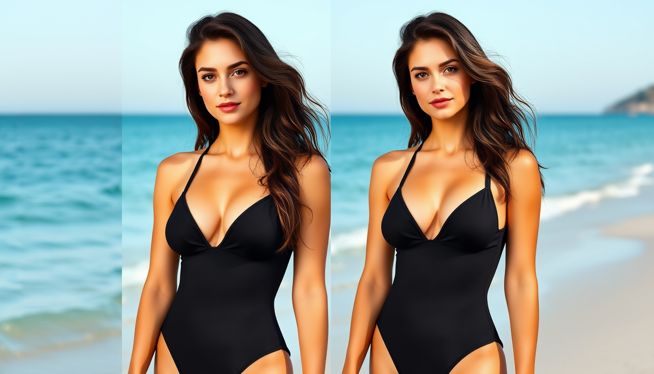 Main art studio: Create a photorealistic full-body photo of the same adult woman from the reference image. Preserve her face, brown eyes, long dark-brown hair, eyebrow