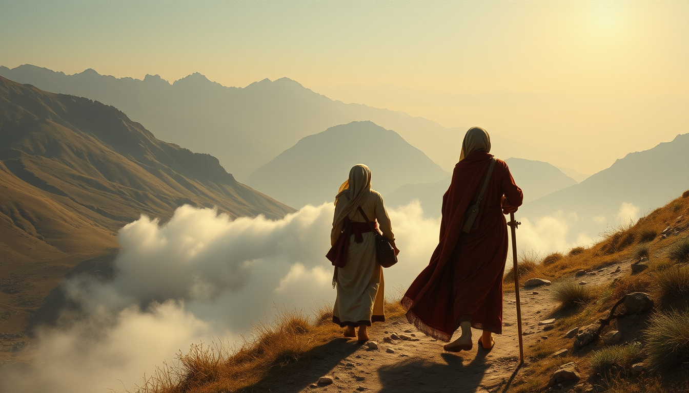 Main art studio: Peinture orientaliste algérienne XIXe siècle. Un voyageur, COURSE de dos, se retourne sur un chemin de montagne deux femmes mystérieuses au loin, près