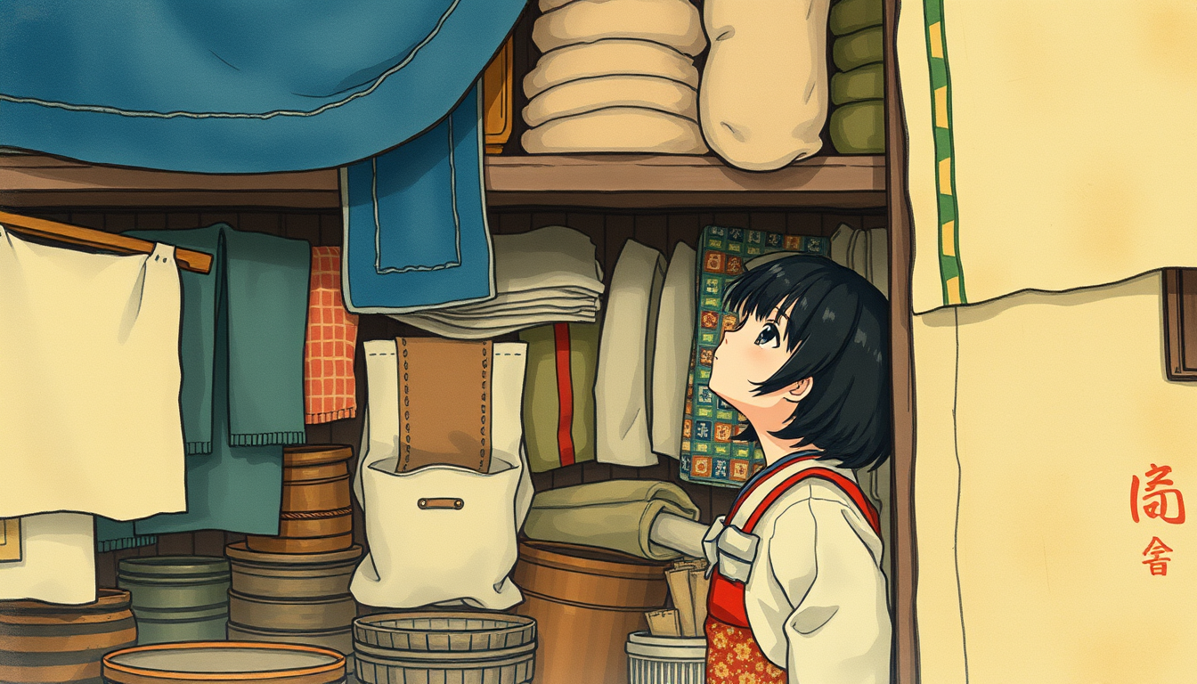 Main art studio: Little Japanese girl inside the old ramshackle shop looking up at the blue fabric way up high on a dusty shelf, among a lot of other fabric and things