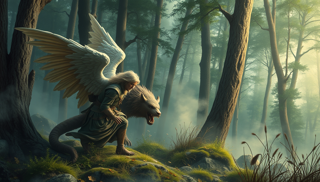 Main art studio: Angel hunting a beast in a woodland