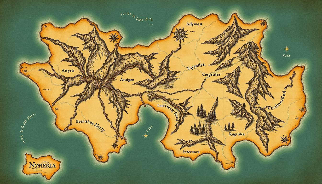Fantasy Maps idea: fantasy world map, hand-drawn cartography, aged parchment, mountains forests and coastlines, Le continent de Nyméria est rond, divisé en quatre royaum