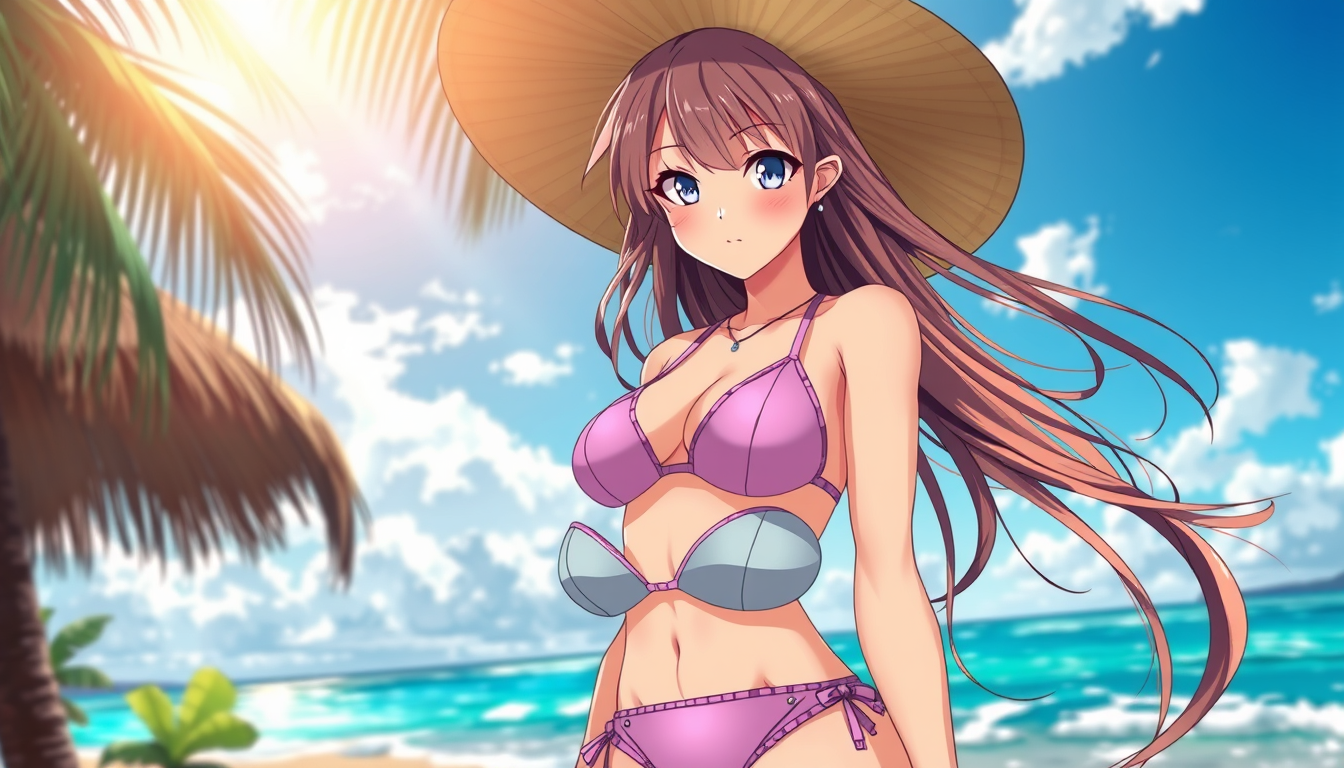 Anime idea: anime style, vibrant colors, expressive eyes, Adult anime woman, 25 years old, wearing a tasteful bikini, curvy hourglass figure, long flowing hair, e