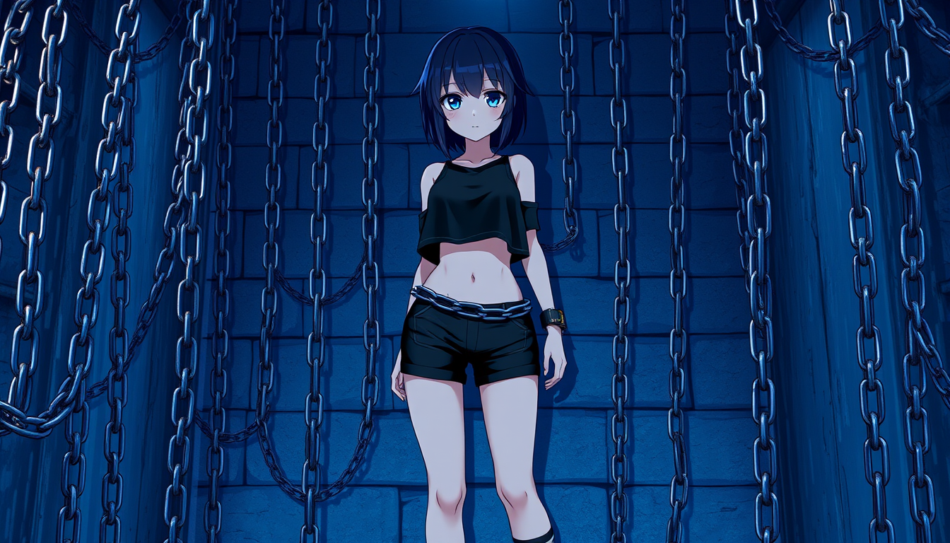 Main art studio: Full-body anime girl, head to feet fully visible, centered in the image. Wearing a black cropped top and black short shorts. Standing against a grey s