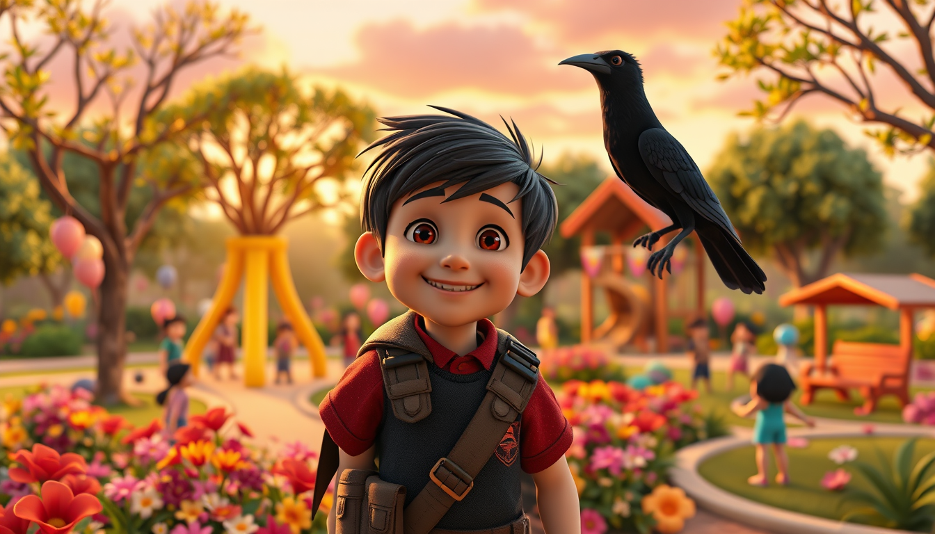 Main art studio: Milo and his new black crow friend return to the colorful park. Milo uses the magical golden pencil to create a beautiful small playground filled with