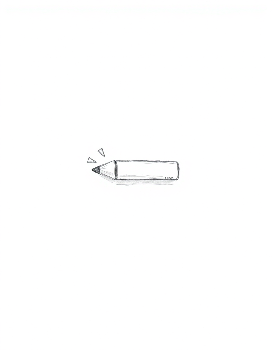Main art studio: Minimalist black and white pencil sketch of a single simple eraser lying on a white sheet of paper. The eraser is clearly visible with a few tiny penc