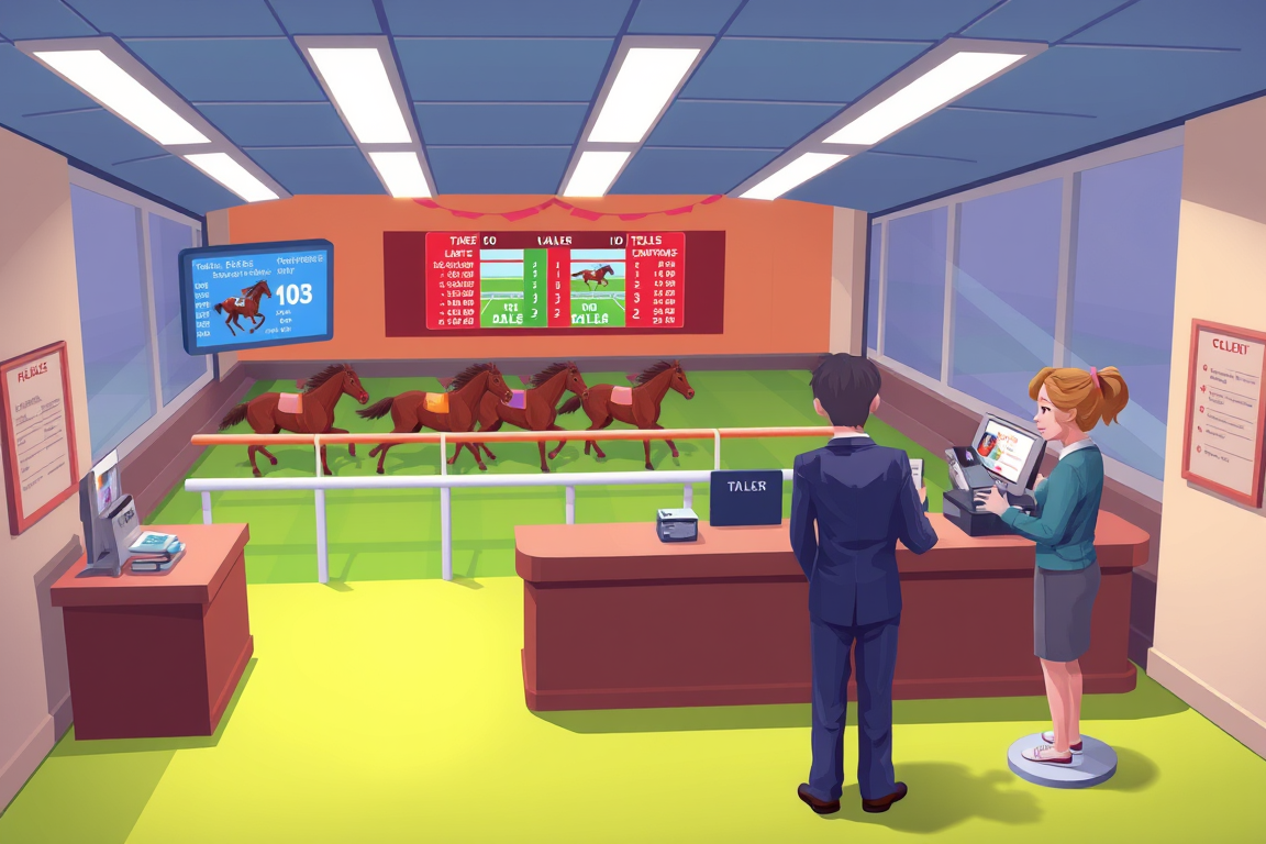 Game Asset idea created from the prompt: 2D game asset, clean isolated object, consistent art style, 2d game background, inside of a betting hall, horse races on the screen, tellers