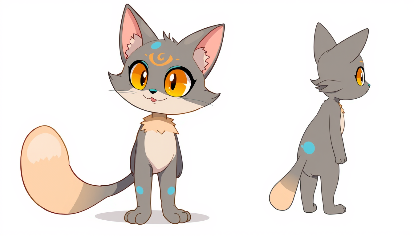 Fursona idea created from the prompt: fursona character, anthropomorphic animal design, expressive personality, reference sheet style, grey cat with blue swirls big orange eyes b