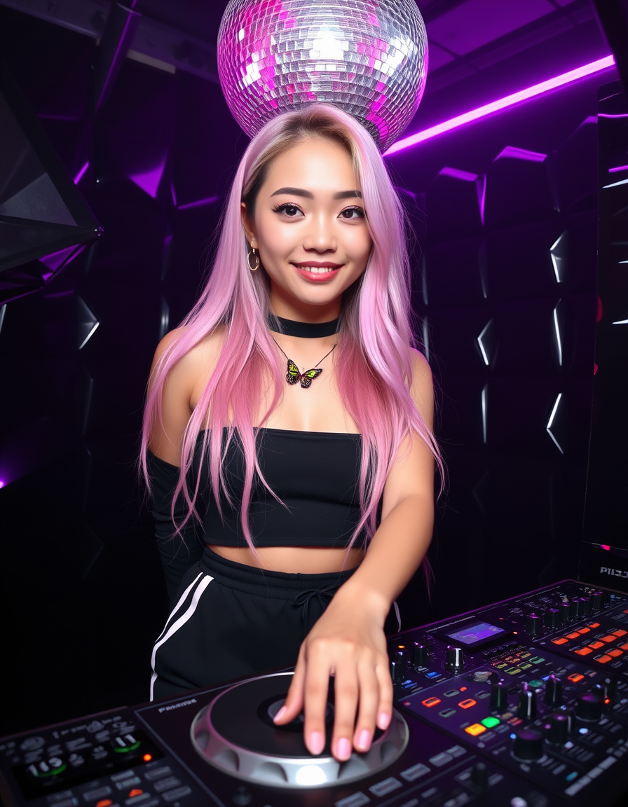 Main art studio: Ultra-realistic vertical club photo of a young Japanese woman DJ with very long pastel pink hair, natural skin and soft pink makeup. Black strapless c