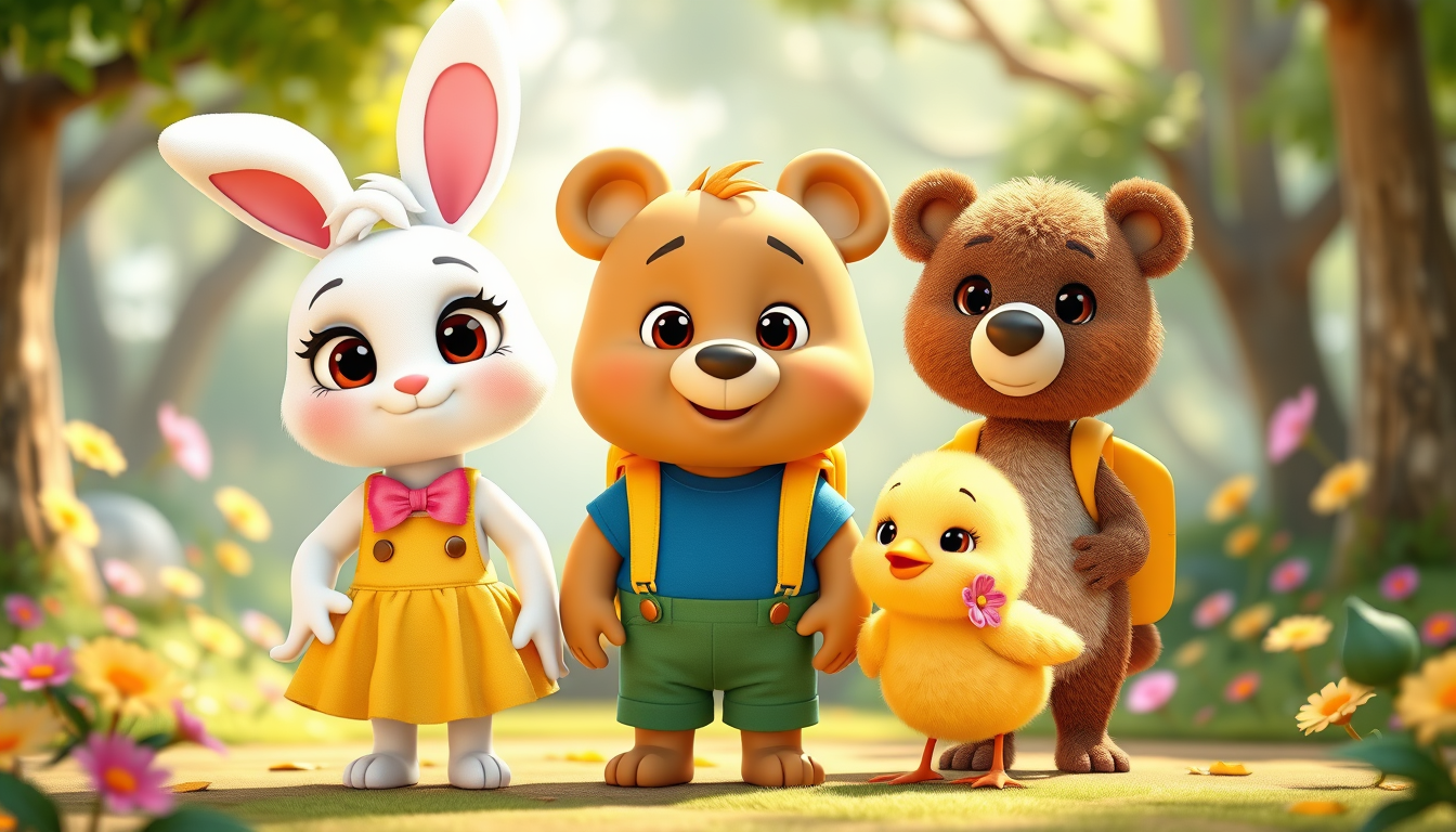 Main art studio: Three adorable original 3D preschool cartoon characters standing together. Lala: a fluffy cream-white bunny with big brown eyes, pink inner ears, a pi