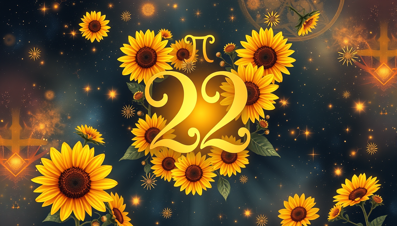 Main art studio: Create a square, high-resolution mystical floral artwork centered around the number “22.” Surround the large, elegant number 22 with vibrant golden su