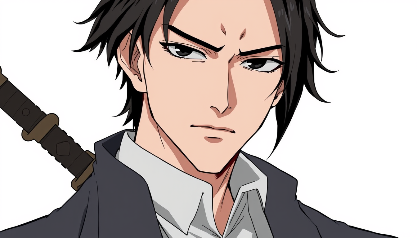 Main art studio: anime man, mysterious and calm expression, slightly older with subtle wrinkles, black hair, black eyes, composed and serious face, wearing a white shi