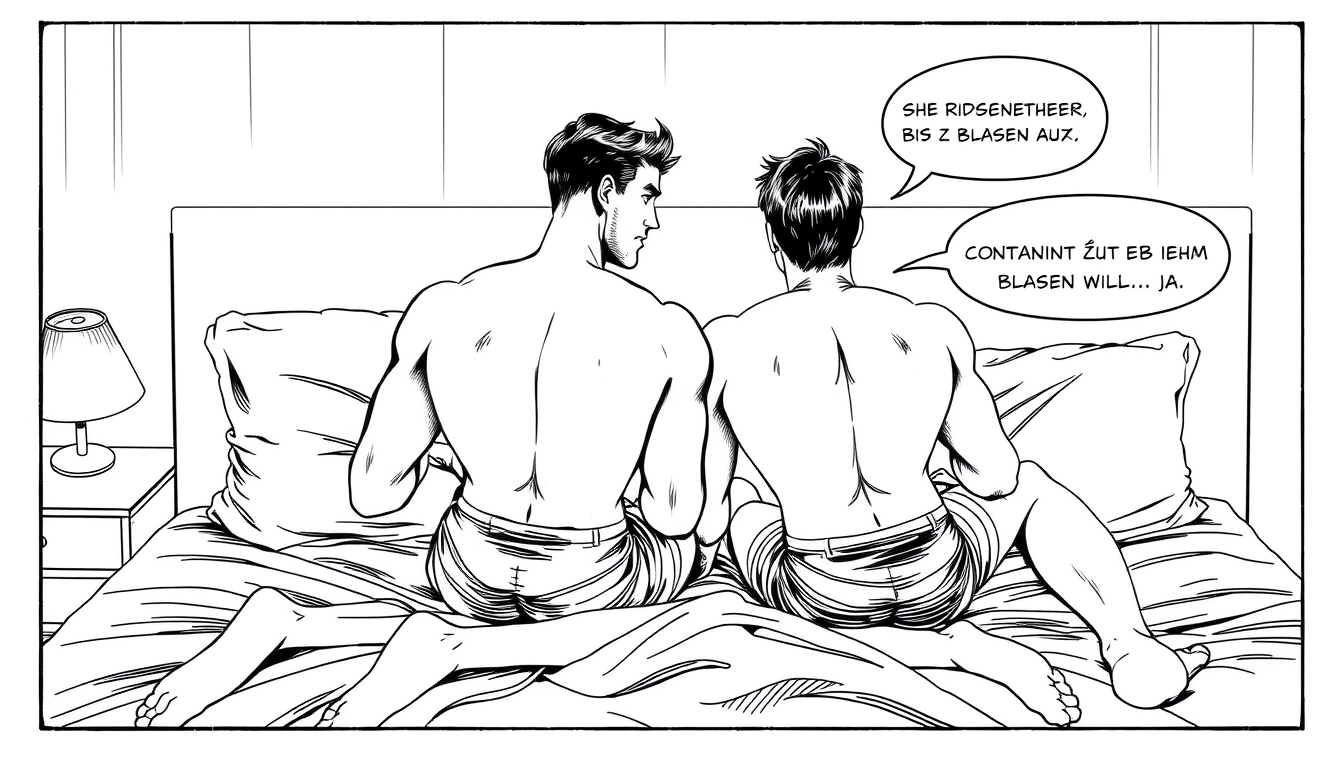 Manga idea created from the prompt: manga panel, black-and-white ink, screentone shading, expressive line weight, zwei Gay(s) (nackt) mit Sixpack. 4 Manga Panels. Panel 1: Cons