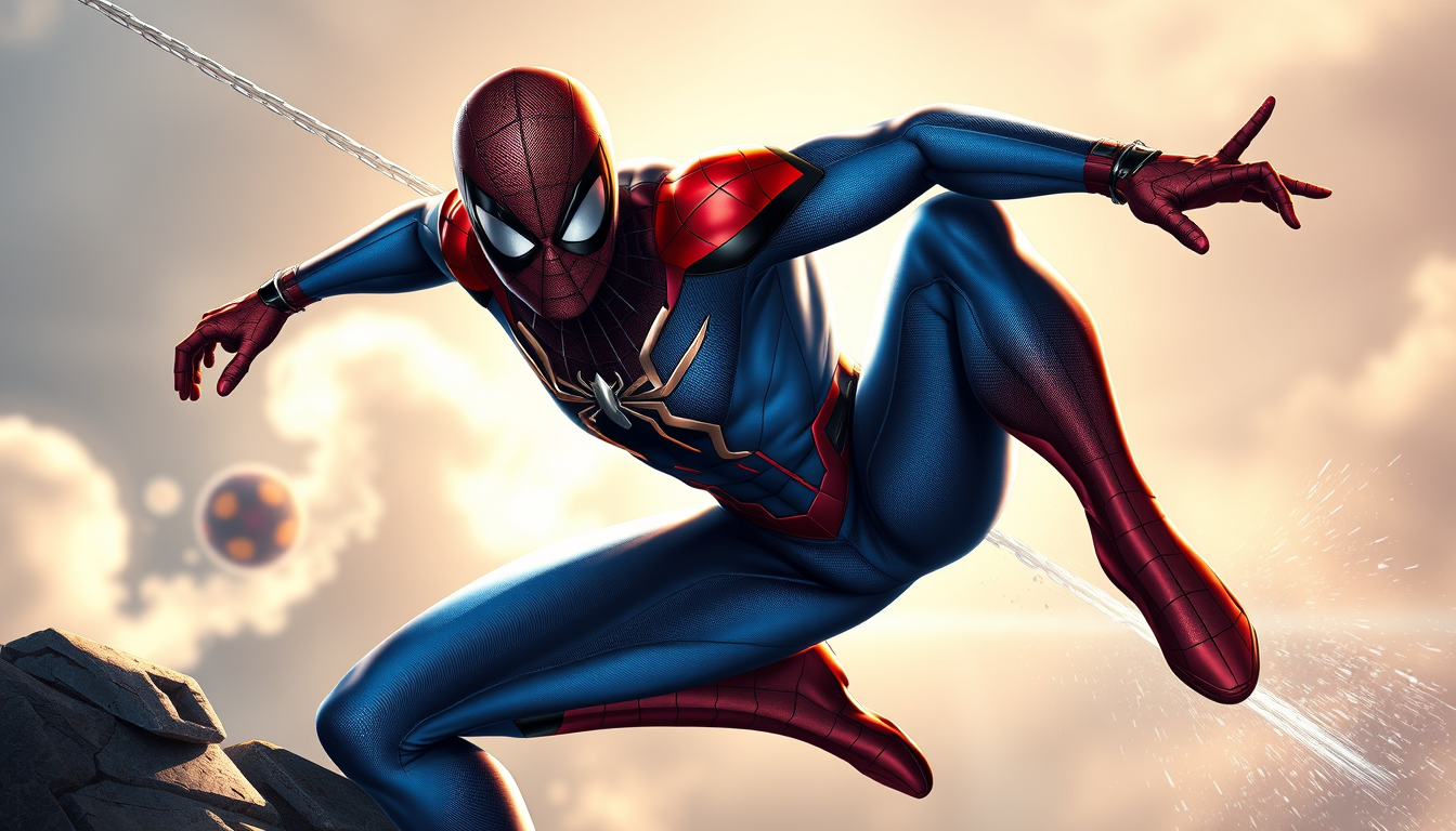 Superhero idea created from the prompt: original superhero character design, dynamic pose, bold costume, dramatic lighting, comic art energy, Spiderman, bleu avec du doré, un peu d