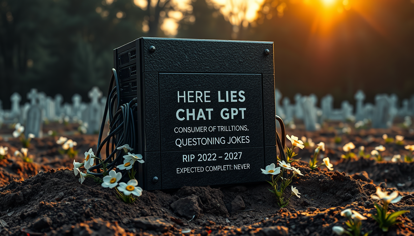 Main art studio: Photorealistic dark satire, 16:9 landscape. A full-size 4U GPU server stands upright as a gravestone in a freshly dug cemetery grave. Expensive GPUs, 
