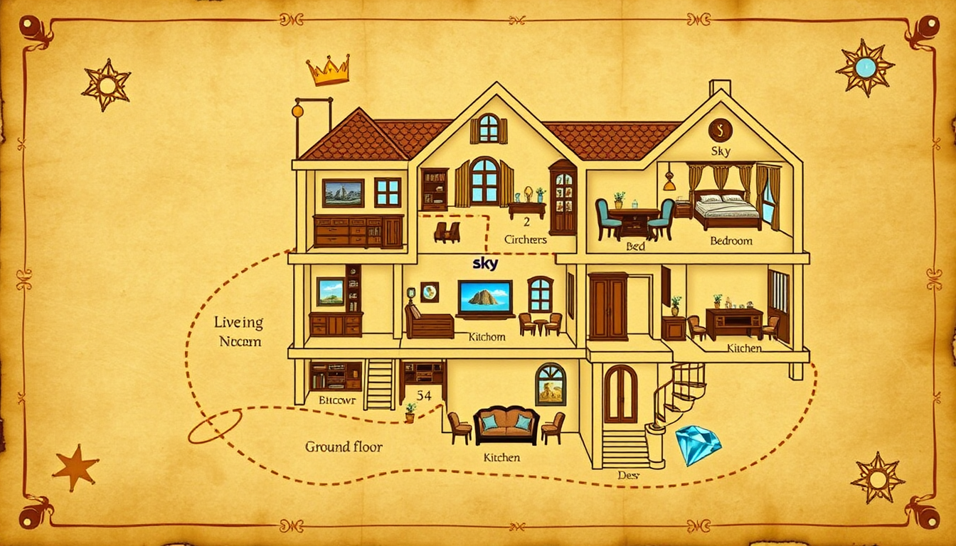 AI Art prompt example created from the prompt: Create a magical treasure map of a three\-storey house on antique parchment with gold dotted paths, crowns and sparkling diamonds\. Ground f