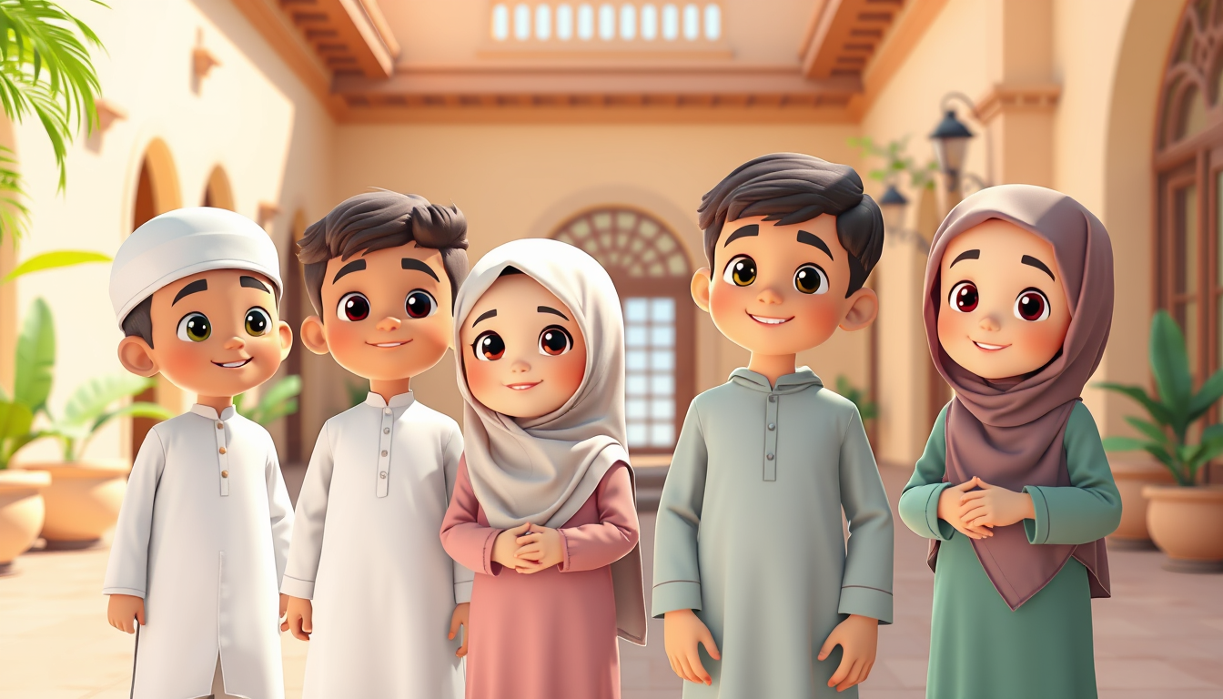 Main art studio: Vertical 9:16, colorful 3D Islamic kids cartoon. Four children together in the same beautiful home courtyard: Zaid, 9-year-old boy in white kurta and