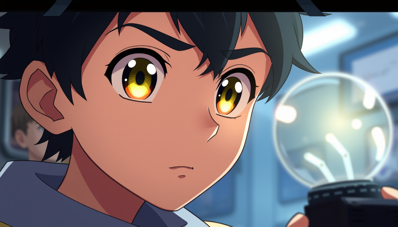 Main art studio: anime portrait of a young inventor, expressive eyes, soft lighting