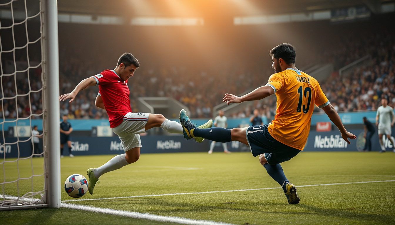 Main art studio: crie uma imagem de um jogador chutando a bola para o gol na final da copa do mundo com o goleiro na frente do gol e quase defendendo a bola